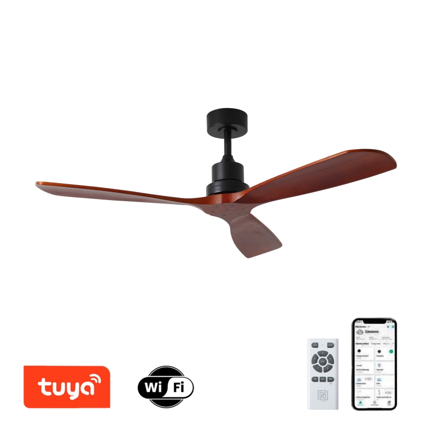 ZEVENTI - Stropný ventilátor LIONI Wi-Fi Tuya čierna/dub + diaľkové ovládanie