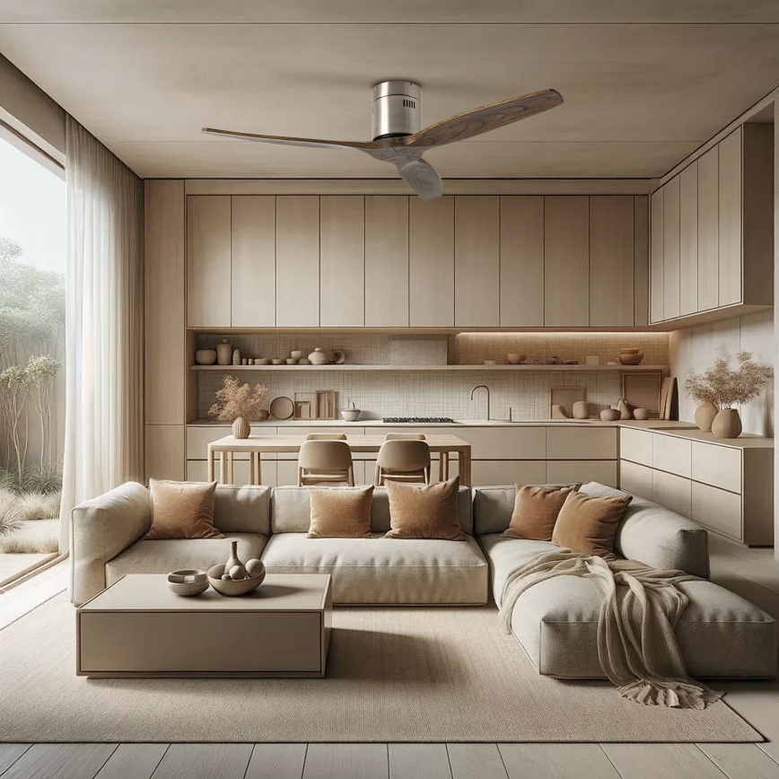 ZEVENTI - Stropný ventilátor SPELLO Wi-Fi Tuya matný chróm/dub + diaľkové ovládanie