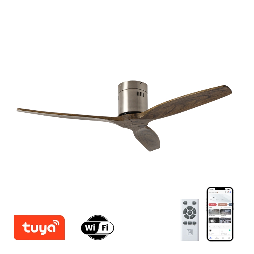 ZEVENTI - Stropný ventilátor SPELLO Wi-Fi Tuya matný chróm/dub + diaľkové ovládanie