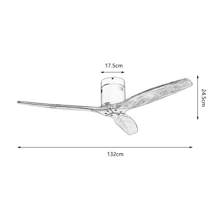 Trojlistý stropný ventilátor s drevenými lopatkami. Rozmery: priemer 132 cm, výška 17,5 cm, dĺžka lopatiek 24,5 cm.