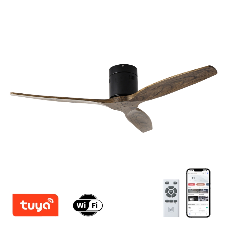 ZEVENTI - Stropný ventilátor SPELLO Wi-Fi Tuya čierna/dub + diaľkové ovládanie