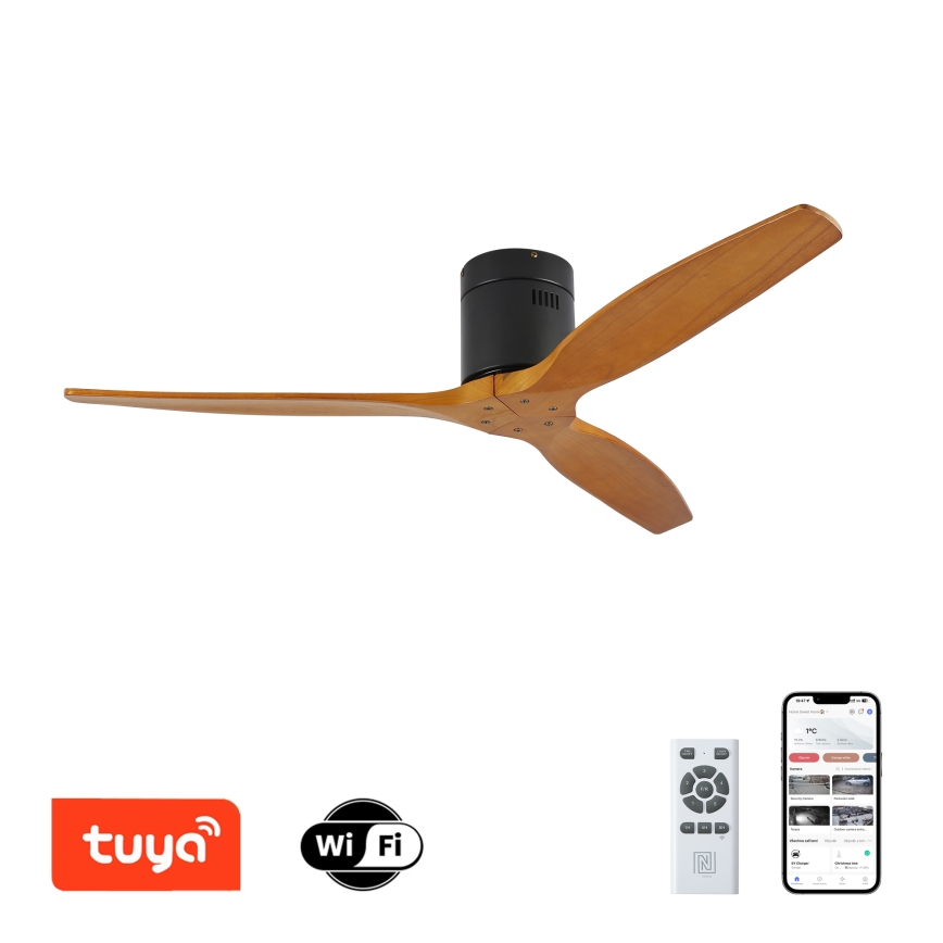 ZEVENTI - Stropný ventilátor SPELLO Wi-Fi Tuya čierna/dub + diaľkové ovládanie