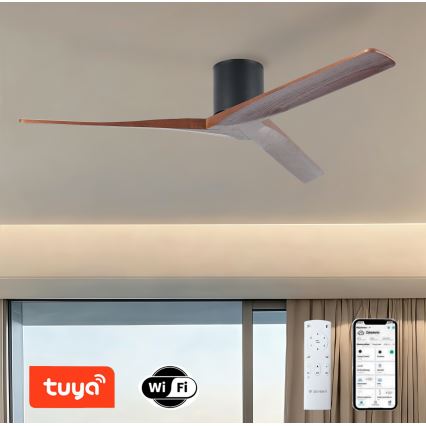ZEVENTI - Stropný ventilátor VELLON Wi-Fi Tuya čierna/orech + diaľkové ovládanie