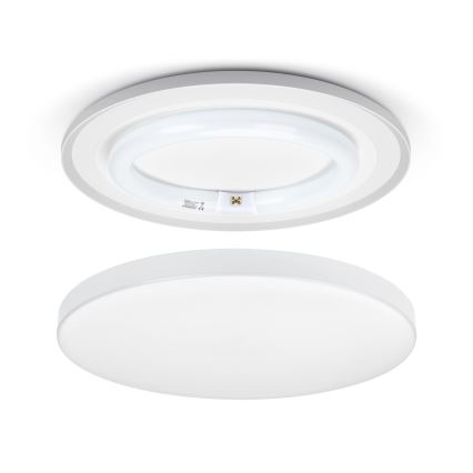 Svietidlo s kruhovou trubicou je zobrazené rozložené. Horná časť svietidla je strieborno-biela, spodná časť je biela. Svietidlo je určené na strop.