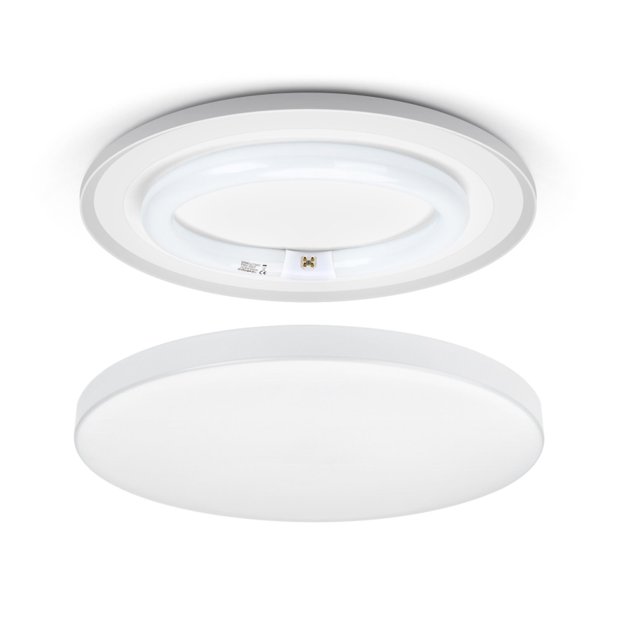 Svietidlo s kruhovou trubicou je zobrazené rozložené. Horná časť svietidla je strieborno-biela, spodná časť je biela. Svietidlo je určené na strop.