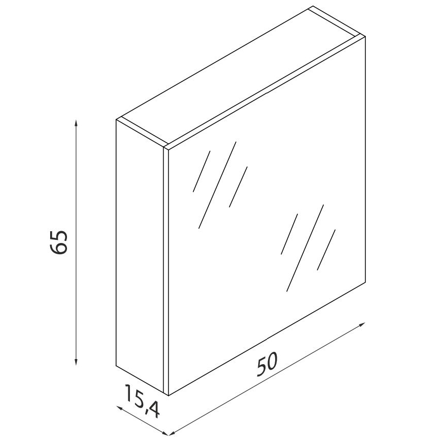 Zrkadlová skrinka je zobrazená v trojrozmernom náčrte. Má rozmery 65 x 50 x 15,4 cm. Skrinka je umiestnená vertikálne.
