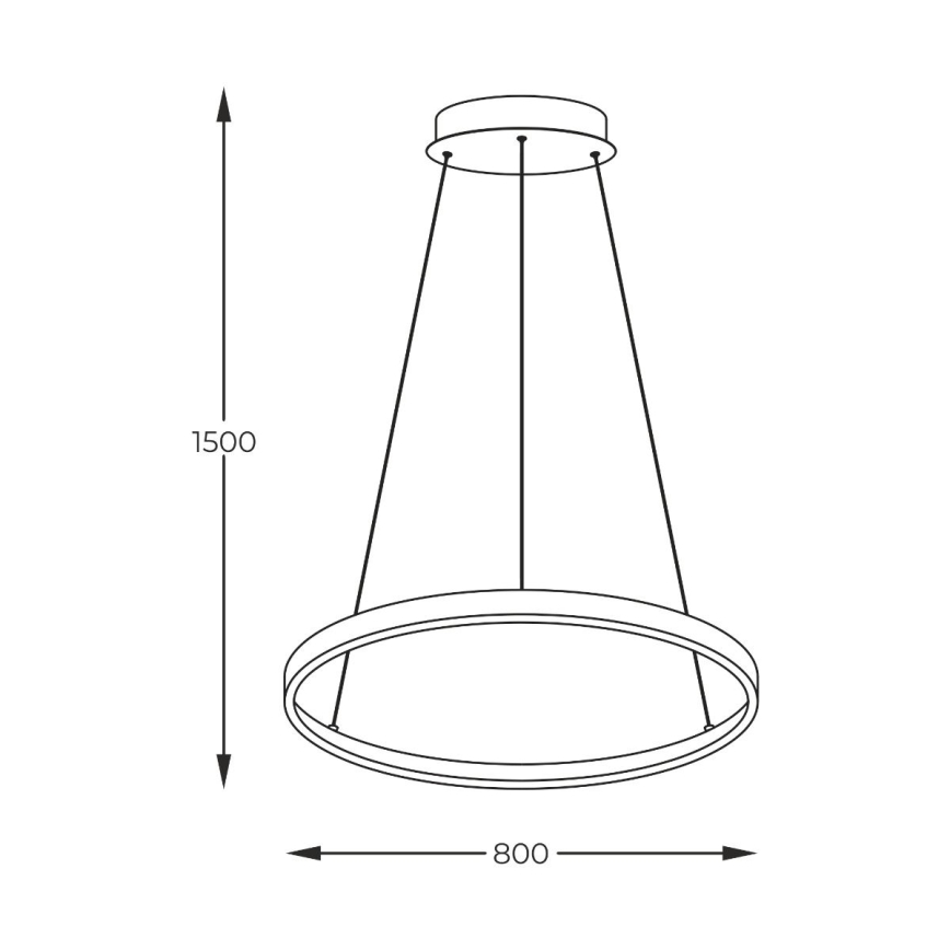 Kruhový závesný luster s priemerom 800 mm visí z troma lankami z kruhového stropného úchytu vo výške 1500 mm.
