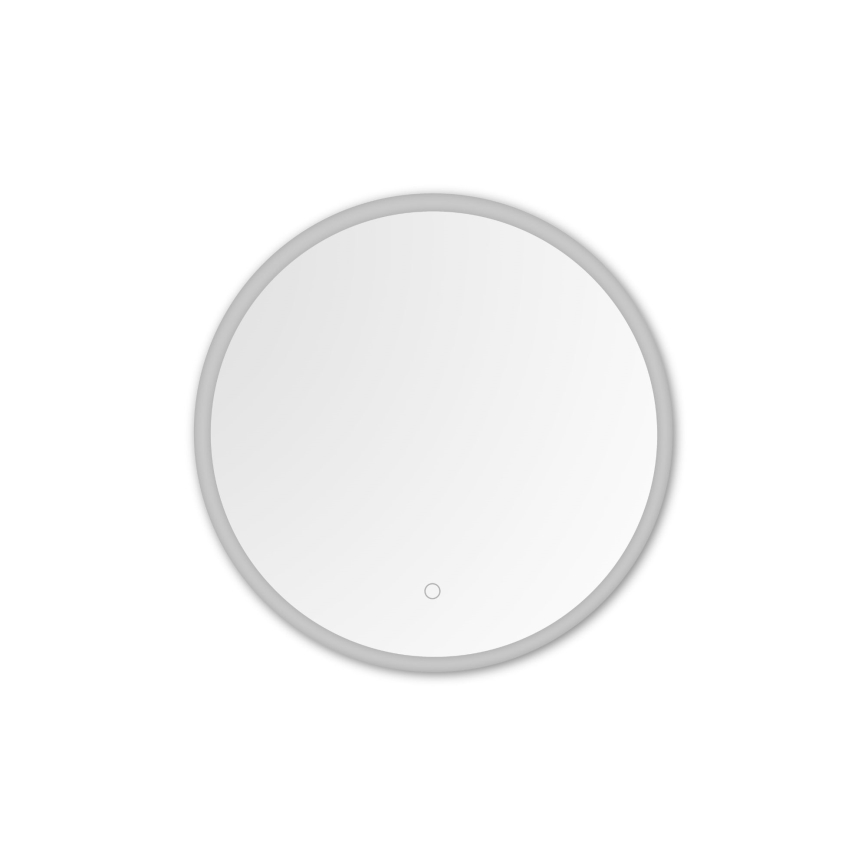 Okrúhle zrkadlo s jemným sivým rámom a malým LED svetlom je zobrazené na bielom pozadí.