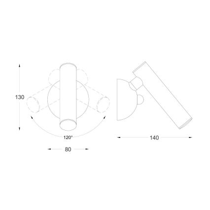 Nástená lampa s dvoma ramenami, otáčajúcimi sa o 120°, má rozmery 130 x 80 mm. Druhý pohľad zobrazuje lampu v uhle s celkovou dĺžkou 140 mm.